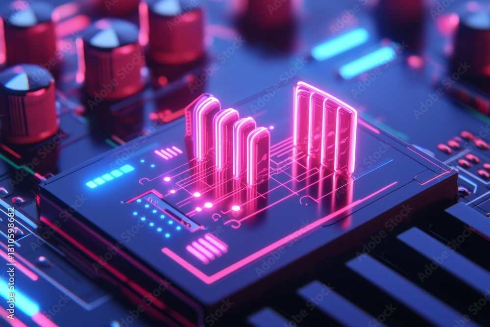 Poster futuristic circuit board with glowing neon elements and digital patterns