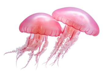 Two pink jellyfish with long tentacles are floating in the air, isolated