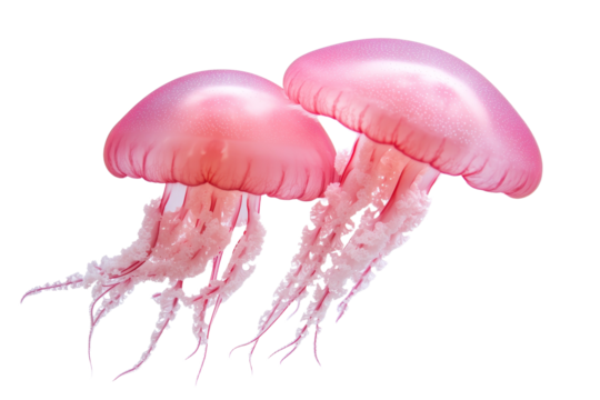 Two pink jellyfish with long tentacles are floating in the air, isolated