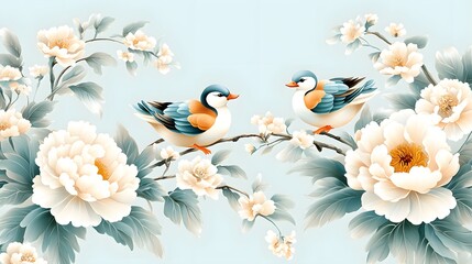 Obraz premium Two birds perching in flower and bird illustration
