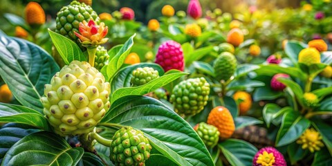 Fototapeta premium Vibrant noni fruit and flowers growing in a lush herbal garden with vibrant greenery and colorful flowers surrounding them , outdoor garden , edible flowers