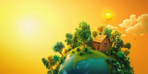 Miniature Earth with House, Trees, and Sun A Peaceful and Idyllic Digital Artwork Representing Environmental Harmony