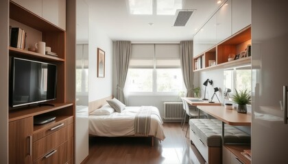 Fototapeta premium Bright and Modern Minimalist Bedroom with Workspace and Natural Light