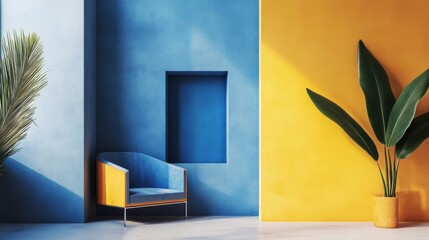 Interior design shows a chair and plants in a colorful room