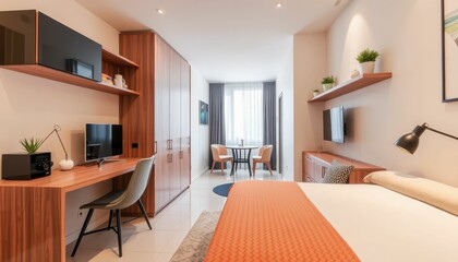 Fototapeta premium Modern Cozy Hotel Room with Comfortable Bed and Workspace