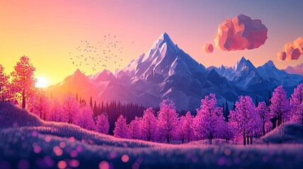 Low Poly Mountain Sunset Landscape with Pink Trees