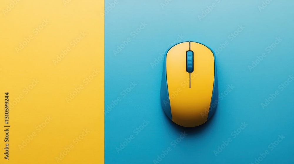 Poster a wireless computer mouse with blue and yellow color scheme