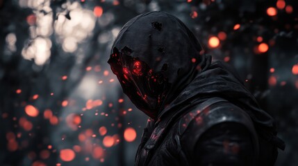 Mysterious figure in dark forest with glowing red orbs