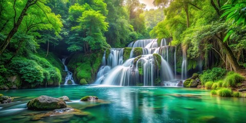 Emerald cascade of crystal clear water cascading down a lush green forest, surrounded by dense foliage and vibrant flora, creating a serene natural atmosphere, nature, tranquility