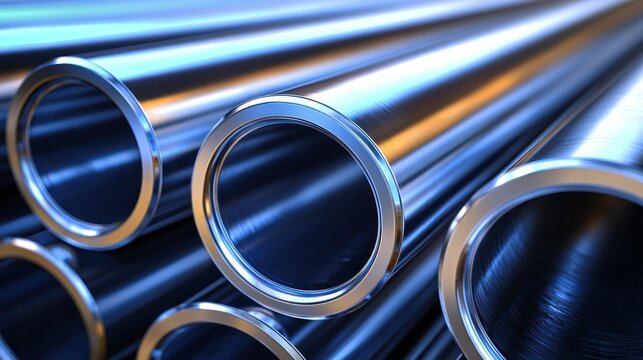 Gleaming silver metal pipes stacked in parallel with soft, glowing reflections
