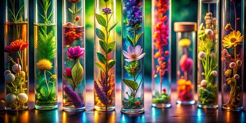 Fototapeta premium Macro Botanical Illustrations: Test Tube Flowers & Plants for Nature Journal