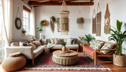 Cozy and Inviting Living Room with Bohemian Decor and Natural Elements