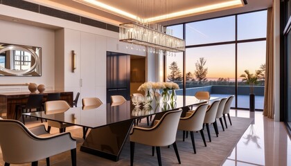 Fototapeta premium Elegant Modern Dining Room with Large Table and Sunset View