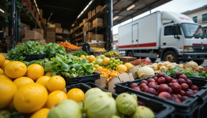 Fresh Produce Display at Market with Colorful Fruits and Vegetables