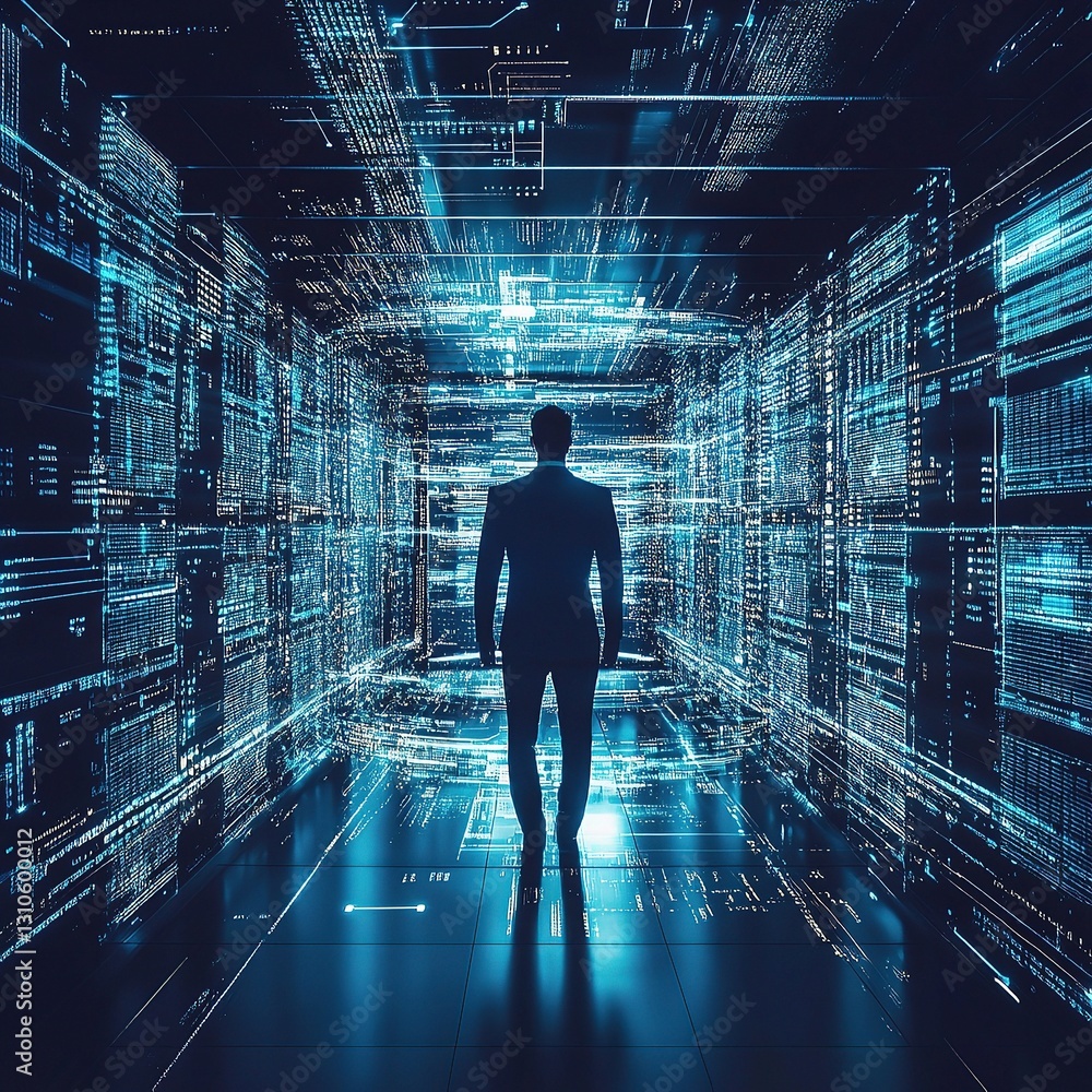 Poster deep dive into cybersecurity technology with digital data streams