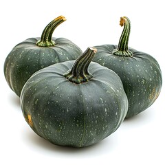 Green pumpkins, showcasing their smooth skin and natural texture, perfect for autumn displays The pumpkins are isolated on white background