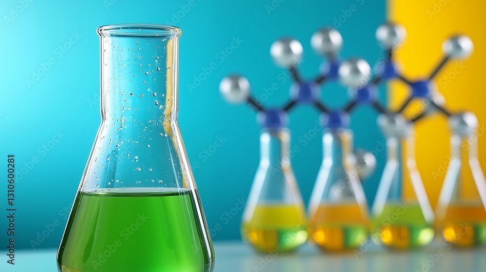 Poster green liquid in erlenmeyer flask with molecular model and yellow liquids in background
