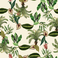Tropical pattern, floral, leaves. Digital print in Repeat (rapport), Resolution 300 DPI, ideal for fashion, decoration and stationery.