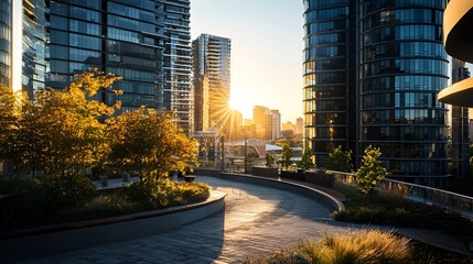 Obraz premium Urban parkway at sunset, modern city, sun rays, walkway