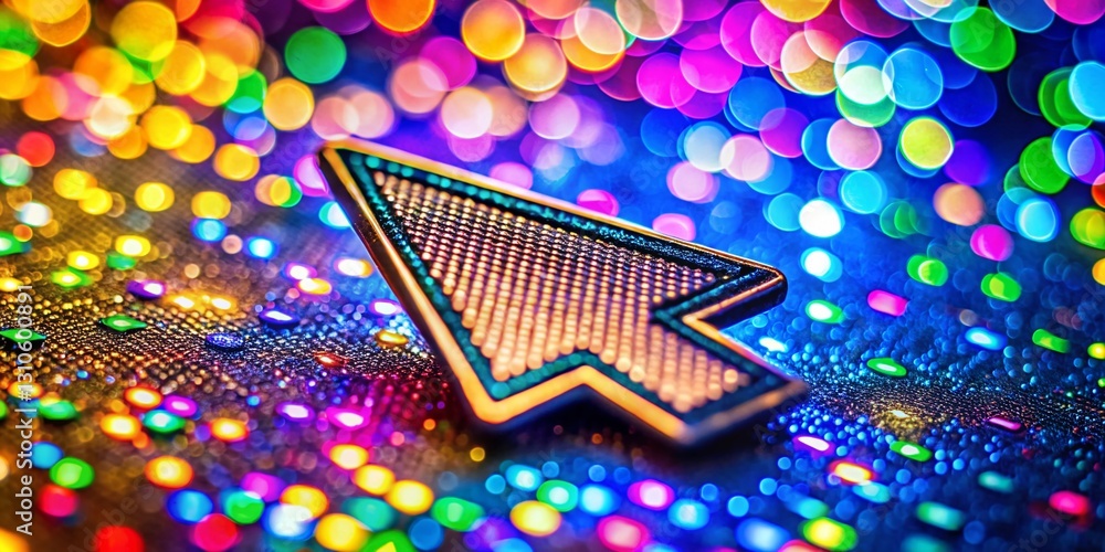 Poster macro close-up of colorful mouse cursor sticker on vibrant background