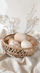 Fototapeta premium Happy Easter 2025. A postcard with a copy of the place for the text. Beige eggs with a white pattern in a in a wicker basket on a background of flowers