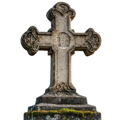 Celtic Cross Stone Monument With Moss, Isolated On White