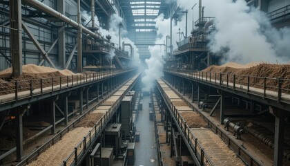 Industrial Warehouse Interior with Machinery and Smoke Effects
