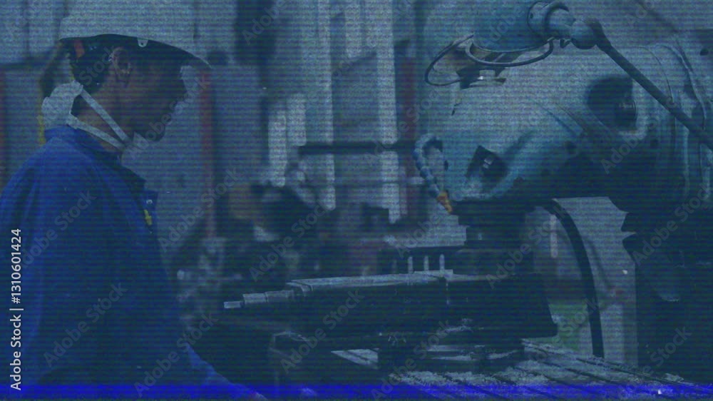 Poster operating machinery in factory, worker with animation effect and blue overlay
