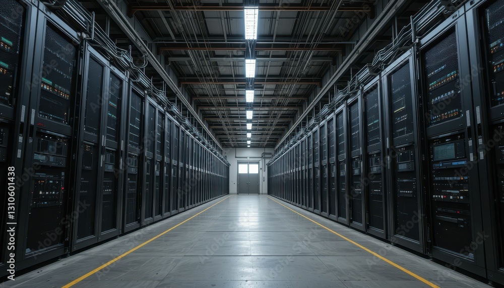 Poster rows of server racks in a modern data center and network facility