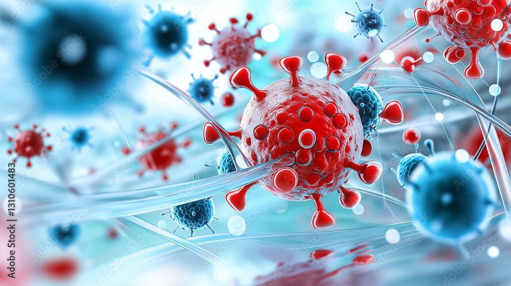 Poster microscopic 3d render of red and blue viruses in complex network