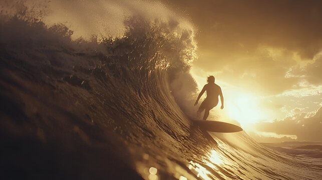 Surfer rides sunset wave, ocean adventure, golden hour