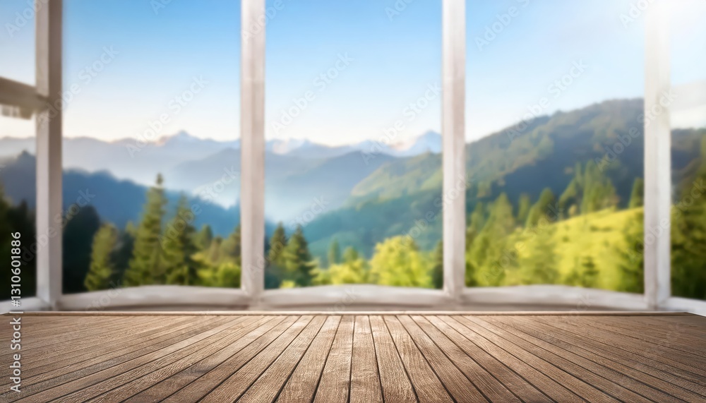 Poster wooden table with stunning window view rustic elegance amidst tranquil scenery, invoking a sense of 