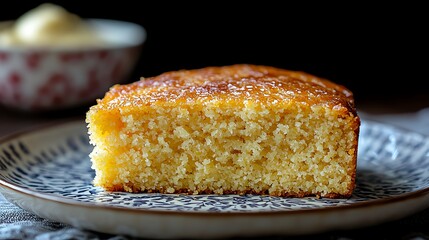 Deliciously moist cornbread slice served on a patterned plate.