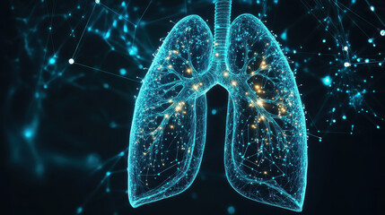 A digital rendering of the human lungs, surrounded by glowing data points and intricate network connections