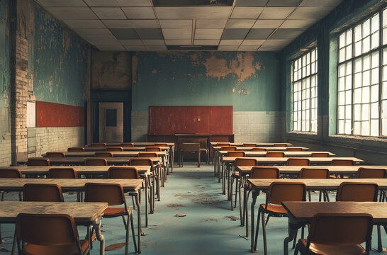 Abandoned Classroom Interior with Empty Desks and Peeling Paint from the Walls in a Dilapidated School Building