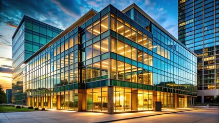 Obraz premium Business corporate office building with gold and dark teal accented glass windows at dusk, cityscape