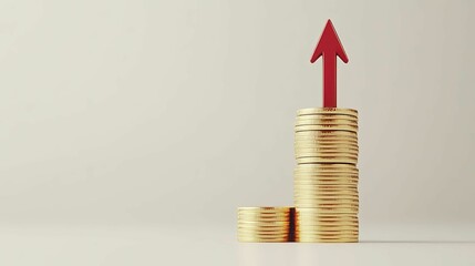 Gold Coins Stacked High With Red Arrow Upward