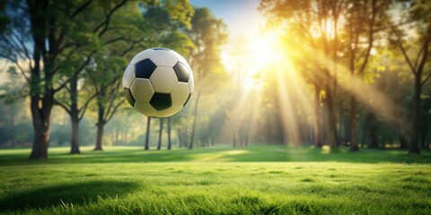 A soccer ball flying through the air on a lush green grass field with sunlight filtering through the trees in the background, sport, field