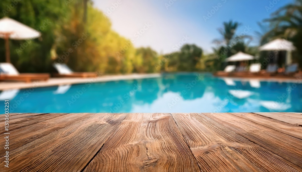 Poster blurred poolside scene a rustic wooden table basks in summer glow amidst a calm, blurred backdrop, s