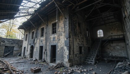 Fototapeta premium Abandoned Industrial Building with Broken Windows and Ruined Walls