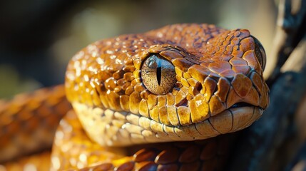 Fototapeta premium Close-up of a vibrant orange snake resting on a branch