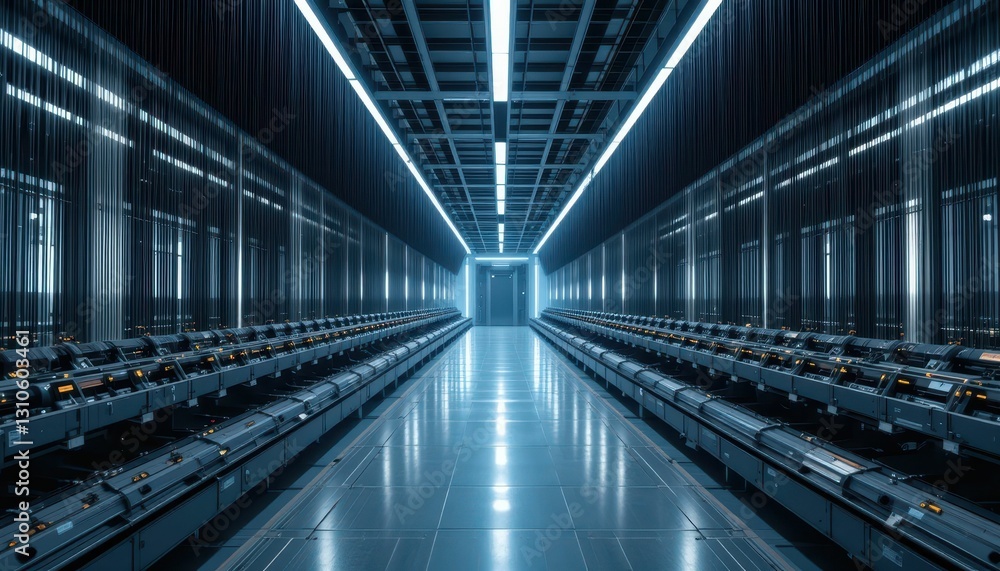 Poster futuristic data center with illuminated aisles and server racks