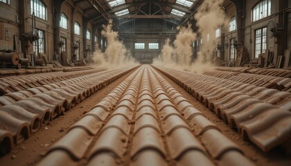 Fototapeta premium Dusty Warehouse with Clay Tiles and Industrial Equipment Inside