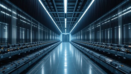 Obraz premium Futuristic Data Center with Illuminated Aisles and Server Racks
