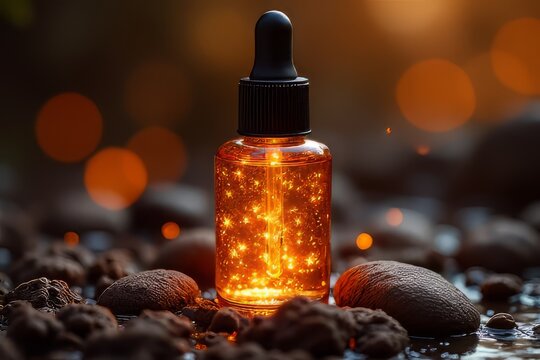 Sparkling Golden Serum Bottle on Natural Stones - Skincare Elixir