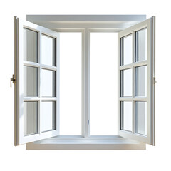 Obraz premium Open white wooden glass double window frame, isolated on transparent background, showcasing modern home architecture and interior design.