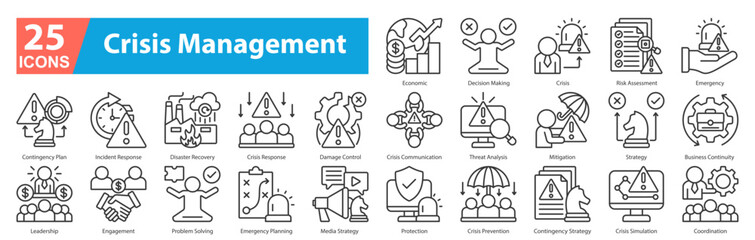 Crisis Management icon sheet line style economic, decision making, crisis, risk assessment, emergency, contingency plan, incident response, disaster recovery, crisis response, damage control