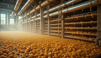 Industrial warehouse filled with raw egg yolks creating a yellow landscape
