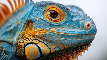 Fototapeta premium Blue iguana head close-up with vibrant orange accents against soft, blurred background