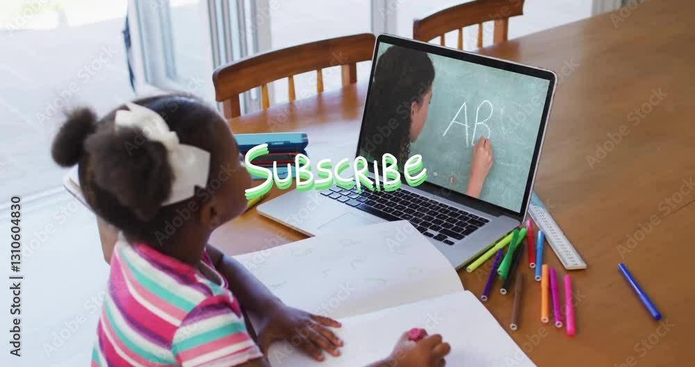 Poster child learning alphabet online with subscribe text animation over laptop screen